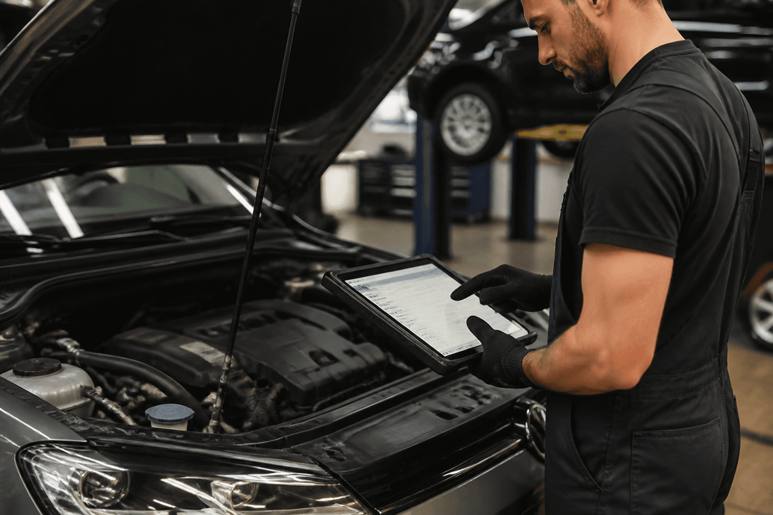 Diagnosearbeiten mit Tablet am geöffneten Motorraum