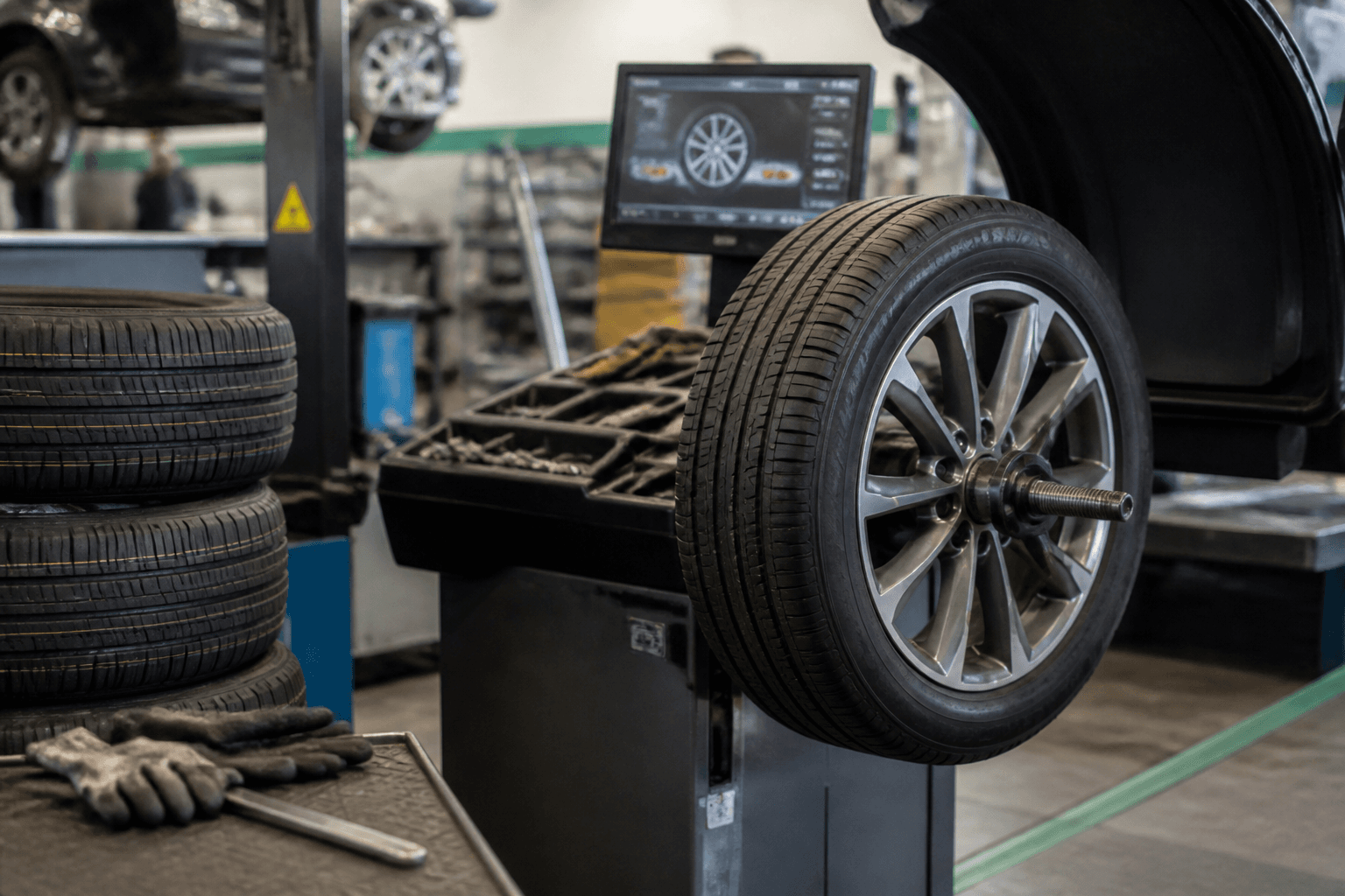 Reifenservice mit montiertem Rad und Werkstattausrüstung